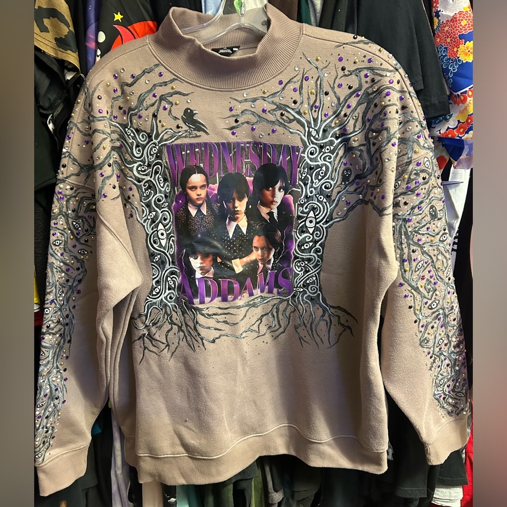 LUX BLK WEDNESDAY Vinyl print Handpainted rhinestone soft long sleeve sweatshirt